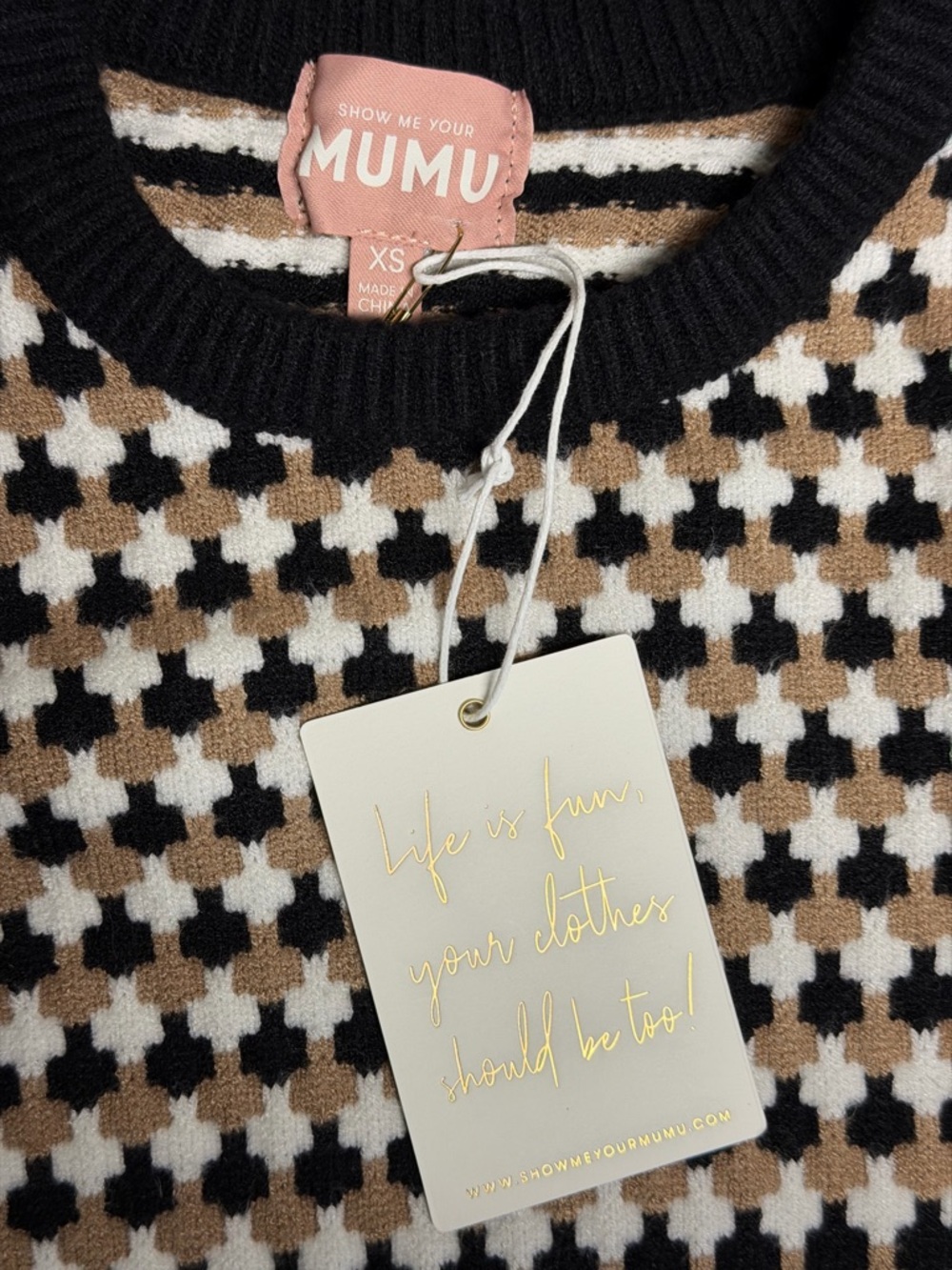 Show Me Your Mumu Black, Cream & Brown Houndstooth Knit Mini Sweater Dress - Picture 9 of 16